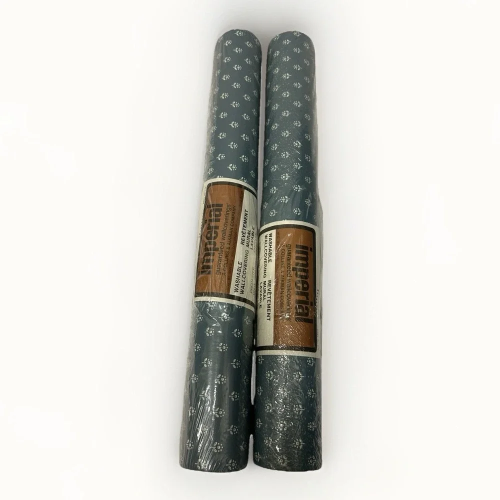 2‎ Rolls Of Vintage Imperial Washable Vinyl Wallcovering Blue & White Floral